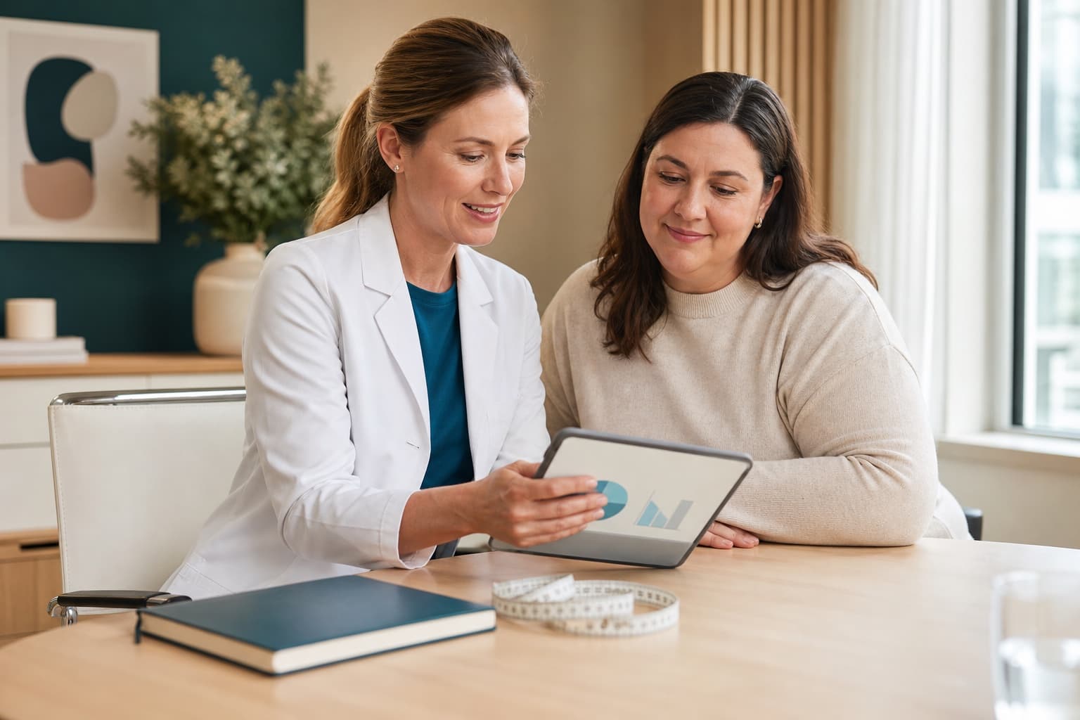 A clinician reviewing a personalised weight management plan with a patient
