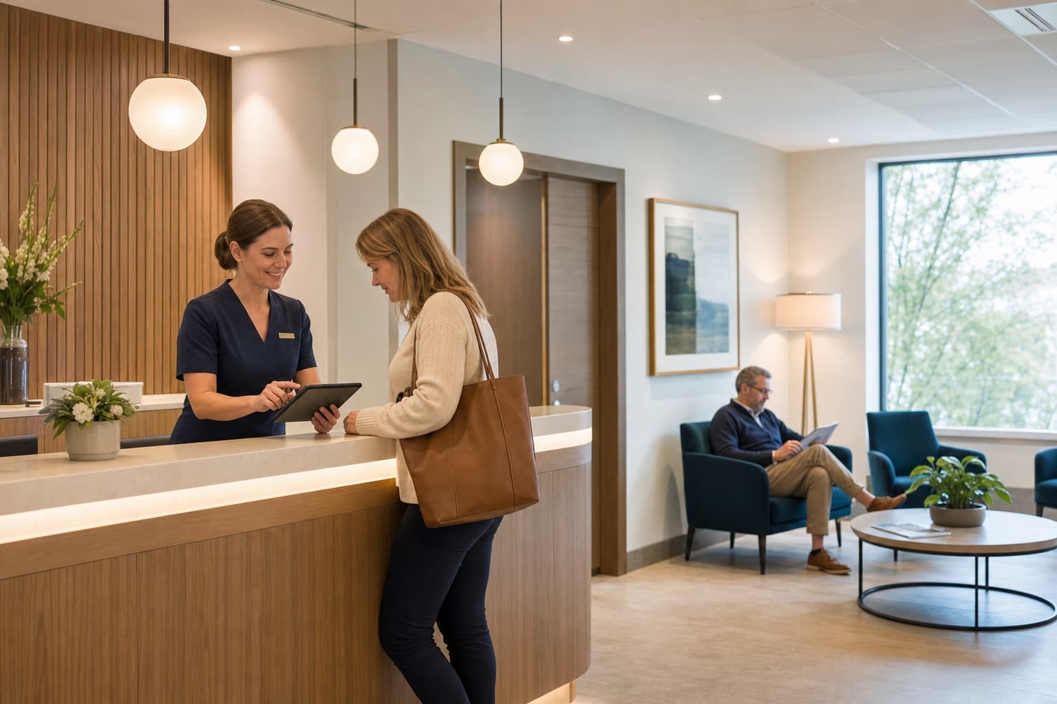 A patient arriving at a calm private clinic reception