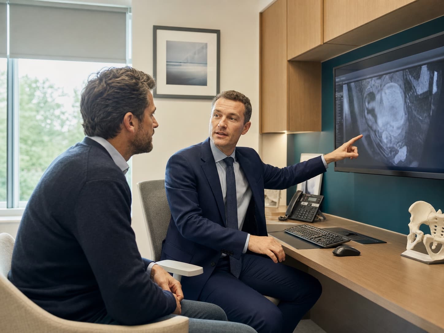 A surgical consultant explaining scan results and treatment options to a patient